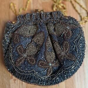 Vintage Beaded Floral Crossbody Bag Boho Y2K Fairycore Whimsygoth 60s Black Gold